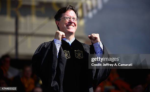 Stephen Colbert reacts to the conferring of his honorary Doctorate degree in Humane Letters during the Wake Forest University Graduation Exercises on...