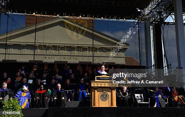 Stephen Colbert delivers the commencement address at Wake Forest University on May 18, 2015 in Winston Salem, North Carolina.
