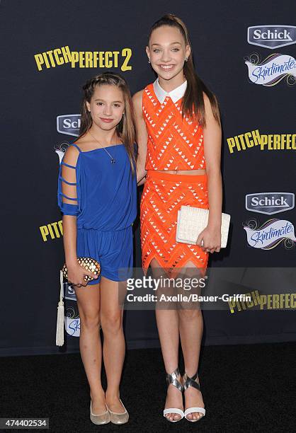 Dancers Maddie Ziegler and Mackenzie Ziegler arrive at the Los Angeles premiere of 'Pitch Perfect 2' at Nokia Theatre L.A. Live on May 8, 2015 in Los...