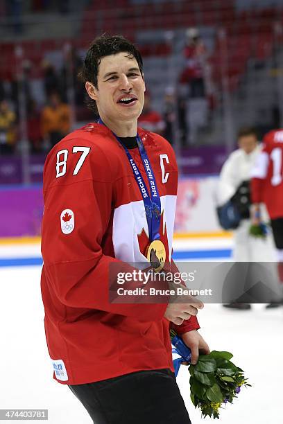 Sidney Crosby of Canada celebrates with his gold medal following his team's 3-0 victory during the Men's Ice Hockey Gold Medal match against Sweden...