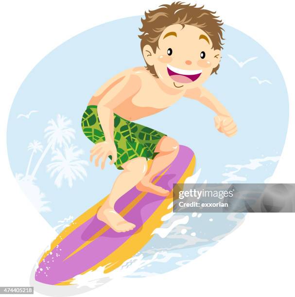 surfer boy summer riding wave - kid balancing stock illustrations