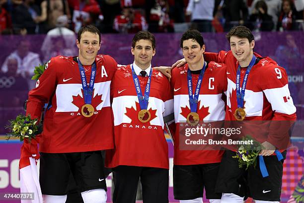 Jonathan Toews, John Tavares, Sidney Crosby and Matt Duchene of Canada during the Men's Ice Hockey Gold Medal match on Day 16 of the 2014 Sochi...