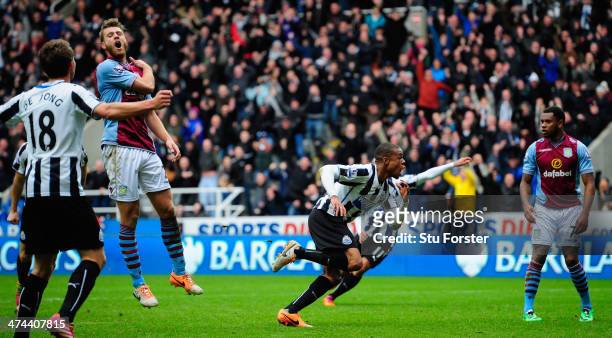Newcastle player Loic Remy celebrates after scoring the winning goal during the Barclays Premier League match between Newcastle United and Aston...