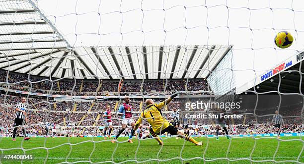 Newcastle player Loic Remy scores the winning goal past Brad Guzan during the Barclays Premier League match between Newcastle United and Aston Villa...