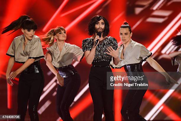 Conchita Wurst performs on stage during rehearsals for the final of the Eurovision Song Contest 2015 on May 22, 2015 in Vienna, Austria. The final of...