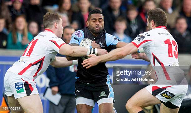 Nikola Matawalu in action for Glasgow Warriors goes between Craig Gilroy and Jared Payne during the Pro12 Semi Final between Glasgow and Ulster at...