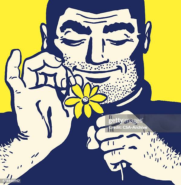 burly man picking petals off flower - masculinity stock illustrations