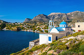 Greek blue dome churches, Kalymnos, Greece