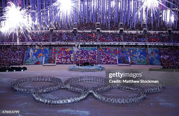 Dancers form the Olympic rings during the 2014 Sochi Winter Olympics Closing Ceremony at Fisht Olympic Stadium on February 23, 2014 in Sochi, Russia.