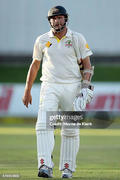 Ryan Harris of Australia leave the field after gettin out to Dale Steyn of South Africa during day four of the Second Test match between South Africa...