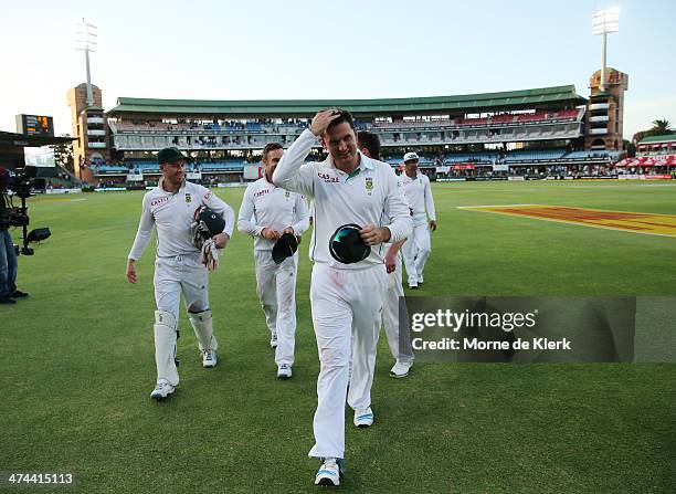 South African players come from the field led by their captain Graeme Smith after winning the match during day four of the Second Test match between...