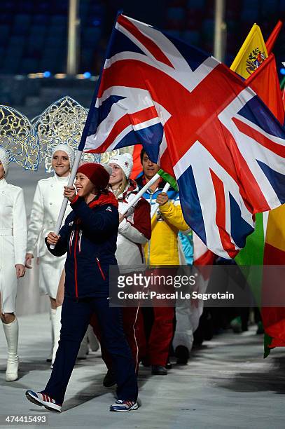 Skeleton athlete Elizabeth Yarnold of Great Britain enters the 2014 Sochi Winter Olympics Closing Ceremony at Fisht Olympic Stadium on February 23,...
