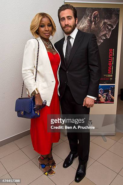 Mary J Blige and Jake Gyllenhaal attend the "Southpaw" screening at The 68th Annual Cannes Film Festival at Palais des Festivals on May 22, 2015 in...