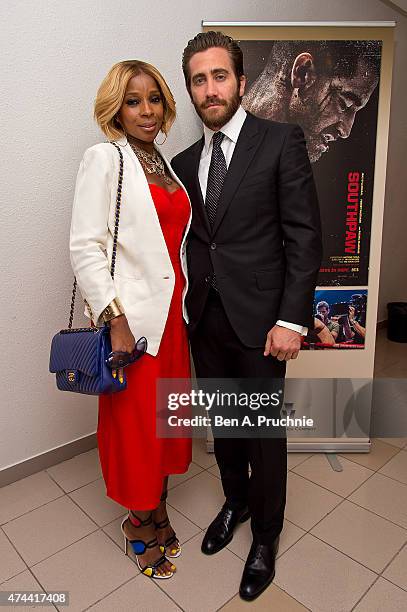 Mary J Blige and Jake Gyllenhaal attend the "Southpaw" screening at The 68th Annual Cannes Film Festival at Palais des Festivals on May 22, 2015 in...