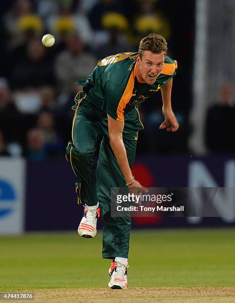 Jake Ball of Nottinghamshire Outlaws bowls during the NatWest T20 Blast between Nottingham Outlaws and Yorkshire Vikings at Trent Bridge on May 22,...