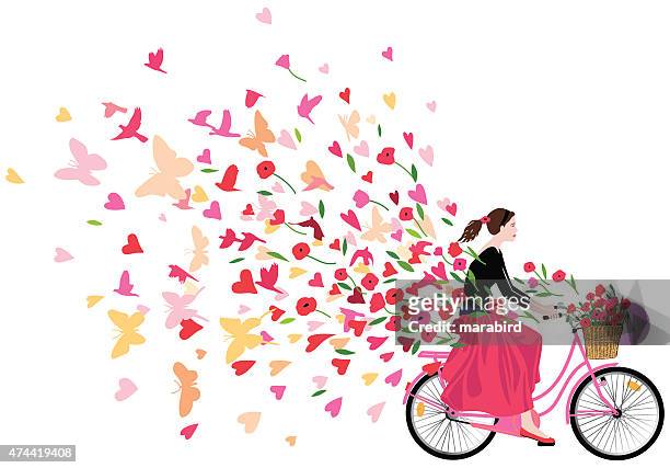 girl riding bicycle spreading love joy and freedom - springtime birds stock illustrations