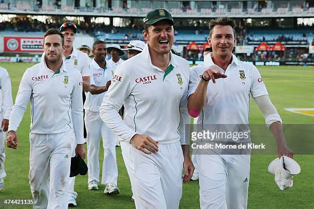 Graeme Smith and Dale Steyn of South Africa celebrate after winning the game during day four of the Second Test match between South Africa and...