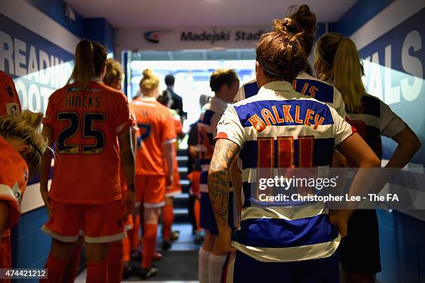Laura Walkley of Reading prepares herself as she and her team mates walk out onto the pitch during the FA WSL 2 match between Reading FC Women and...