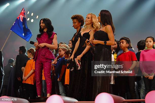 Conchita Wurst, Arabella Kiesbauer, Mirjam Weichselbraun and Alice Tumler perform on stage during rehearsals for the final of the Eurovision Song...