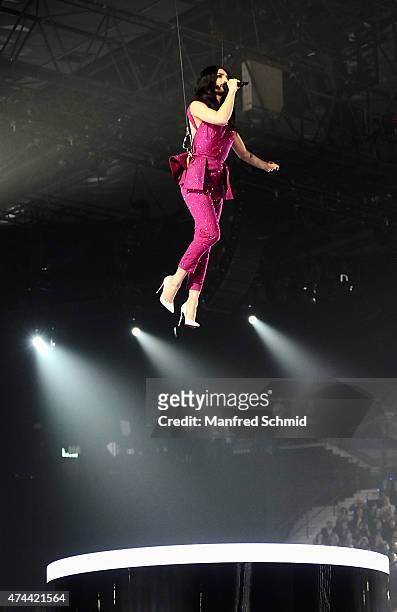 Conchita Wurst performs on stage during rehearsals for the final of the Eurovision Song Contest 2015 on May 22, 2015 in Vienna, Austria. The final of...