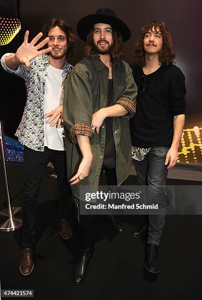 Markus Christ, Dominic Muhrer and Florian Meindl of The Makemakes of Austria pose during rehearsals for the final of the Eurovision Song Contest 2015...