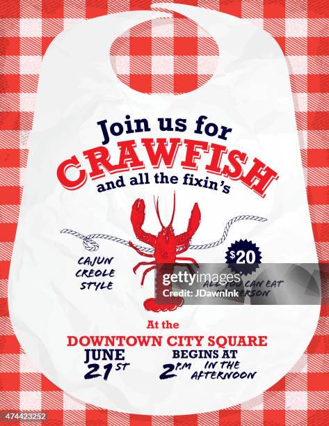 illustrazioni stock, clip art, cartoni animati e icone di tendenza di crawfish bollire invito modello di progettazione sfondo tovaglia bianca e rossa - seafood