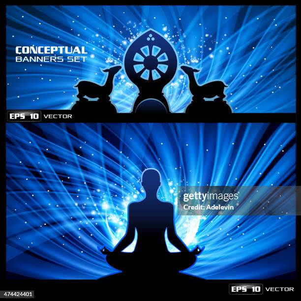 buddhistischen meditation banner - halber lotussitz stock-grafiken, -clipart, -cartoons und -symbole