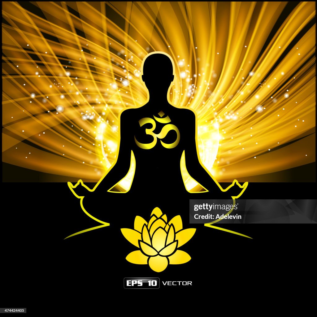 Silhouette of a man figure meditating on a shine blue background