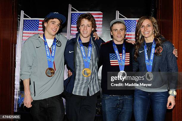 Nick Goepper, Joss Christensen, Gus Kenworthy, and Noelle Pikus-Pace stand for a photo during the U.S. Olympic Committee's Team USA Club Event to...
