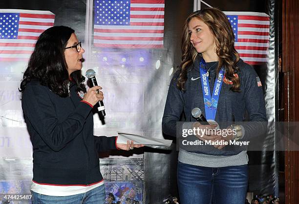 Lisa Baird interviews Noelle Pikus-Pace during the U.S. Olympic Committee's Team USA Club Event to celebrate the 2014 Winter Olympic Games at Grand...