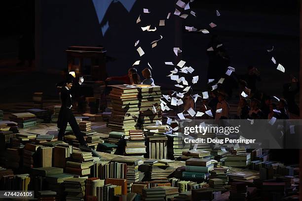 Performers celebrate Russian literature during the 2014 Sochi Winter Olympics Closing Ceremony at Fisht Olympic Stadium on February 23, 2014 in...