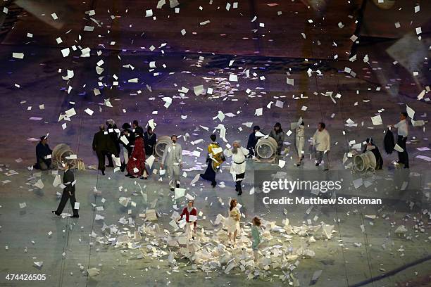 Performers celebrate Russian literature during the 2014 Sochi Winter Olympics Closing Ceremony at Fisht Olympic Stadium on February 23, 2014 in...