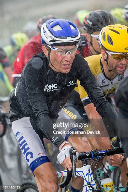 Janez Brajkovic riding for the UnitedHealthcare Pro Cycling Team rides in the heavy rains during the Amgen Tour of California - Men's Race Stage 5 on...