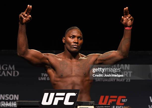 Anthony 'Rumble' Johnson weighs in during the UFC 187 weigh-in at the MGM Grand Conference Center on May 22, 2015 in Las Vegas, Nevada.