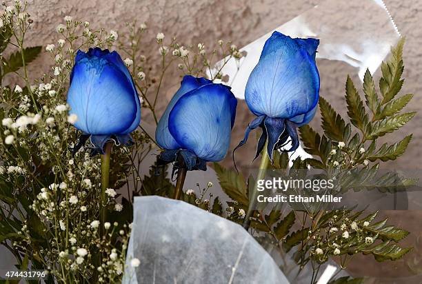 Blue roses brought by Larry Montano of California lay against a wall before a public viewing for blues musician B.B. King at Palm South Jones...