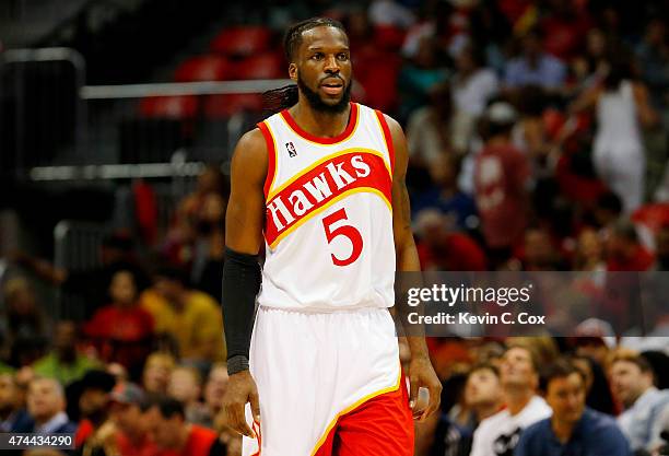 DeMarre Carroll of the Atlanta Hawks reacts against the Cleveland Cavaliers in the first quarter during Game Two of the Eastern Conference Finals of...