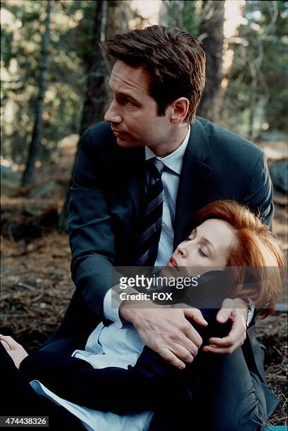 Agent Fox Mulder calms Agent Dana Scully as they revisit the original case that teamed them up years back in THE X-FILES season finale episode...