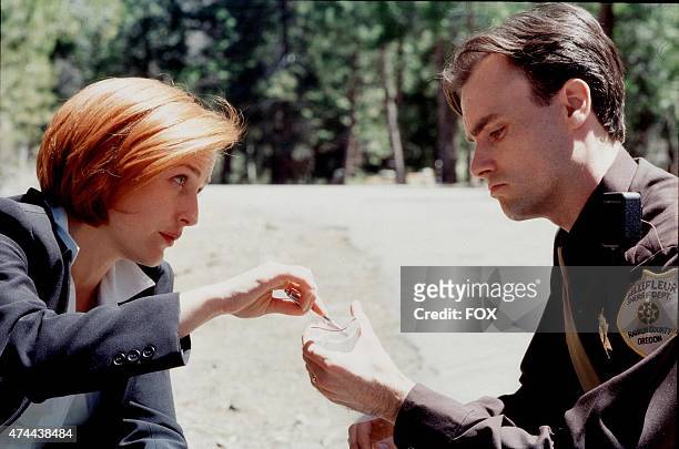 Agent Dana Scully shows a piece of evidence to Deputy Billy Miles in HE X-FILES season finale episode "Requiem" which originally aired onSunday, May...