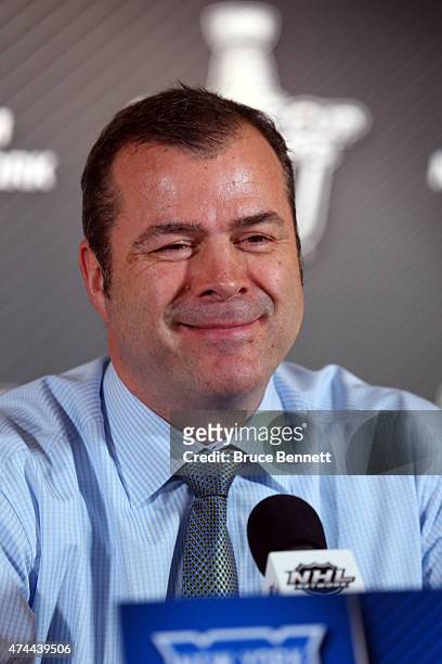 Alain Vigneault of the New York Rangers talks to the media after Game Four of the Eastern Conference Finals against the Tampa Bay Lightning during...