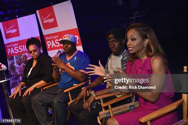 Jonniece Wescott, Antoine Donte, Joshua King and Josina Anderson speak onstage as Verizon Takes The Big Pay Off to Atlanta Celebrating Consumers with...