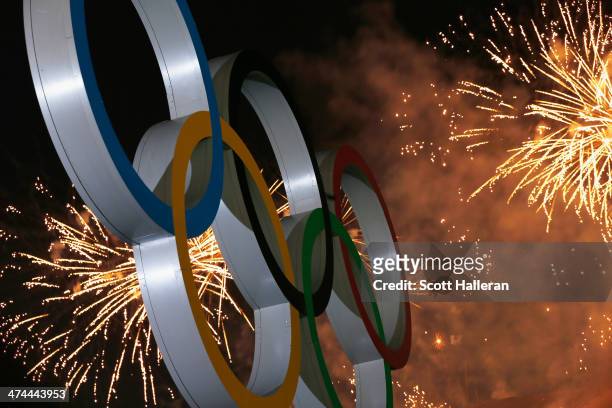 Fireworks on display over the Olympic Park during the Closing Ceremony of the Sochi 2014 Winter Olympics at Fisht Olympic Stadium on February 23,...