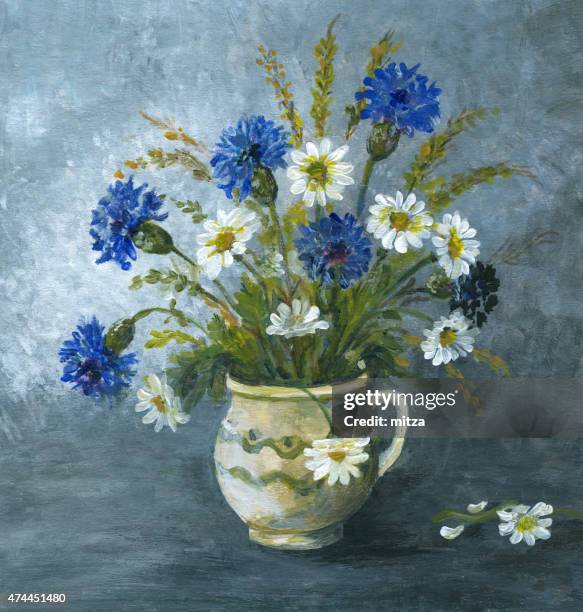 stockillustraties, clipart, cartoons en iconen met painted corn flower and daisy arrangement in ceramic vase - stilleven