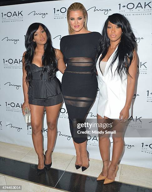 Khadijah Haqq McCray, Khloe Kardashian and Malika Haqq arrive at 1 OAK Nightclub at The Mirage Hotel & Casino on May 22, 2015 in Las Vegas, Nevada.