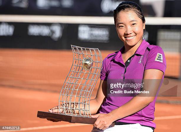 Kurumi Nara of Japan pose with her trophy after being defeated to Klara Zakopalova of Czech Republic during the ATP Rio Open 2014 at Jockey Club Rio...