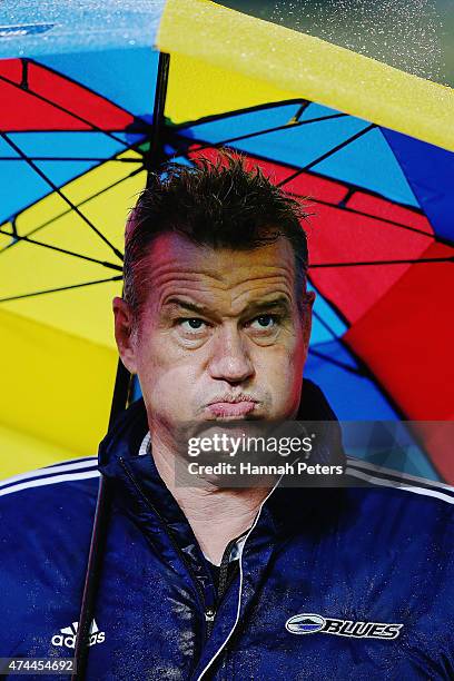 Head coach Sir John Kirwan of the blues looks on during the round 15 Super Rugby match between the Blues and the Hurricanes at Eden Park on May 23,...