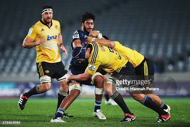 Akira Ioane of the Blues charges forward during the round 15 Super Rugby match between the Blues and the Hurricanes at Eden Park on May 23, 2015 in...