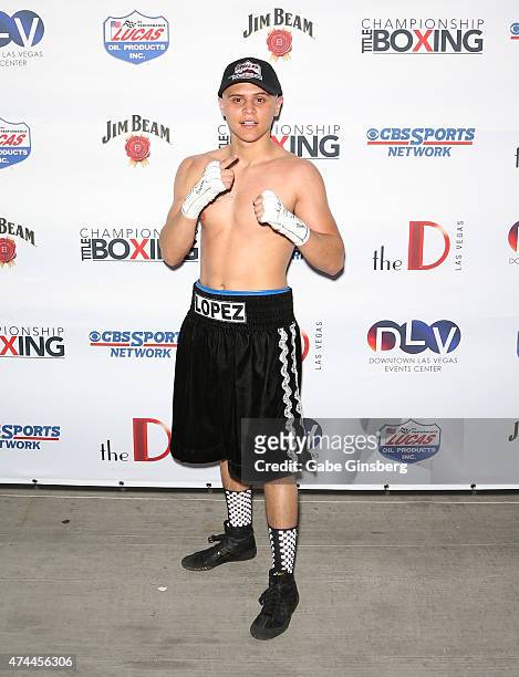 Professional boxer Salvador Lopez poses after winning his bout with Michael Gaxiola at "Knockout Night at the D" boxing event at the Downtown Las...