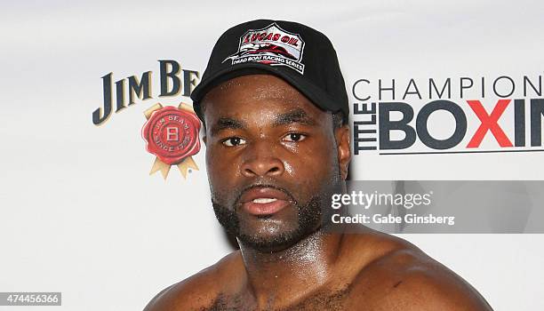 Professional boxer Kimdo "X Factor" Boykin poses after winning his bout with Keith Barr at "Knockout Night at the D" boxing event at the Downtown Las...