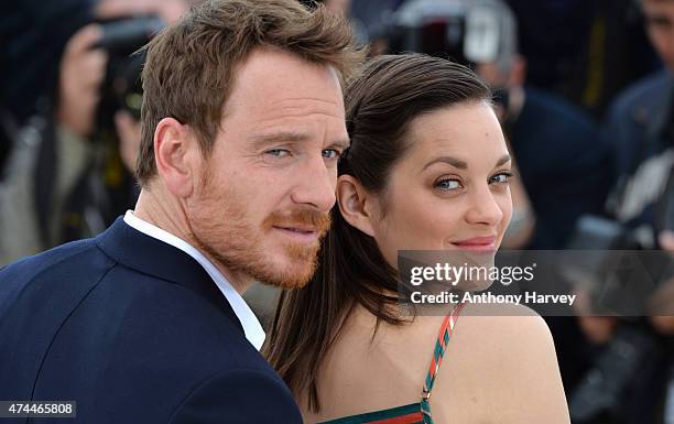 Marion Cotillard and Michael Fassbender attend the "Macbeth" photocall during the 68th annual Cannes Film Festival on May 23, 2015 in Cannes, France.