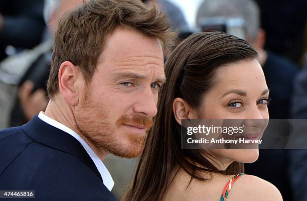 Marion Cotillard and Michael Fassbender attend the "Macbeth" photocall during the 68th annual Cannes Film Festival on May 23, 2015 in Cannes, France.